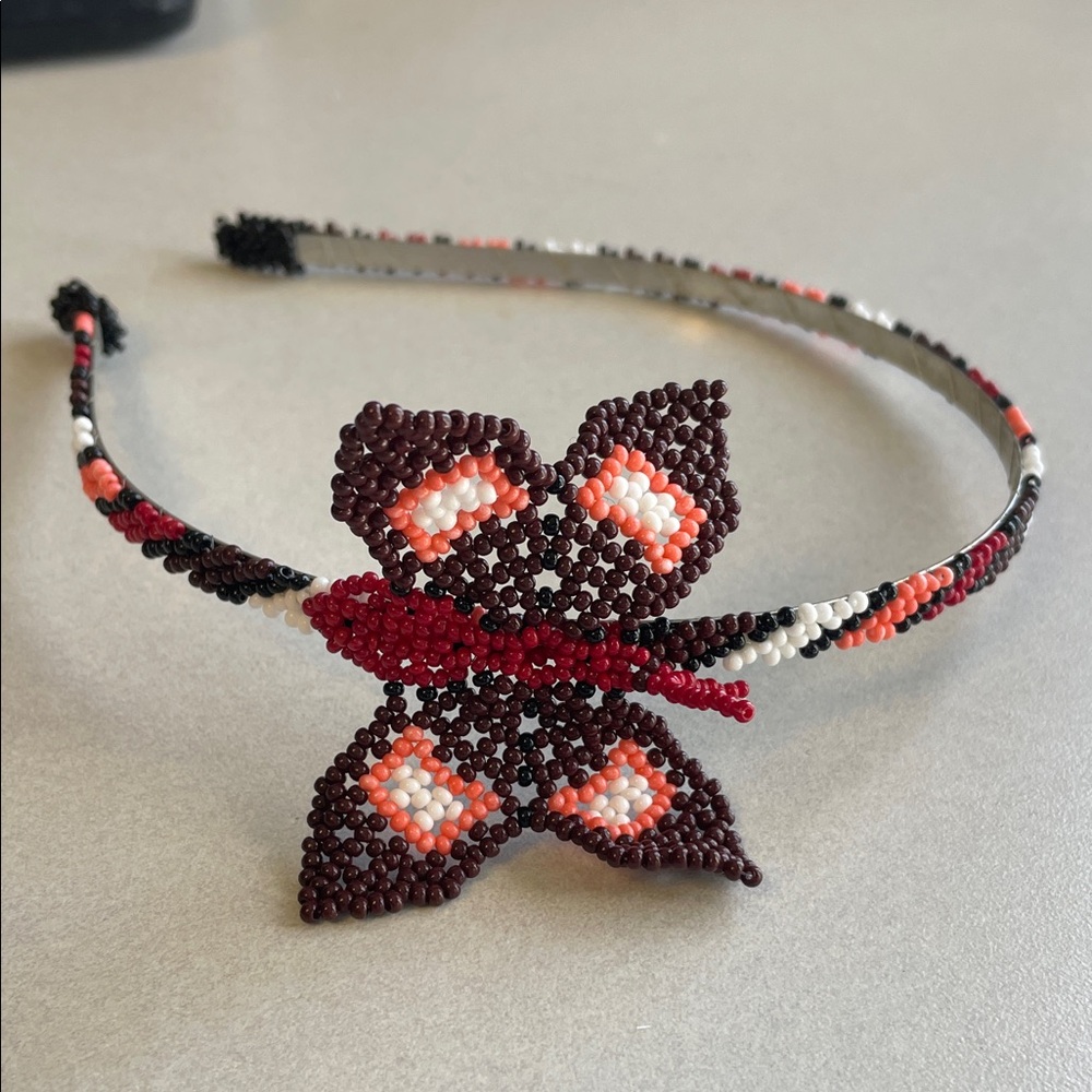 Handmade‎ Seed Bead Floral Headband in Brown, Red, Peach & White